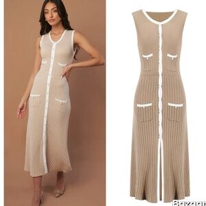 Marbl. Pearl Button Sleeveless Maxi Knit Dress Tan/White Women's Size XS